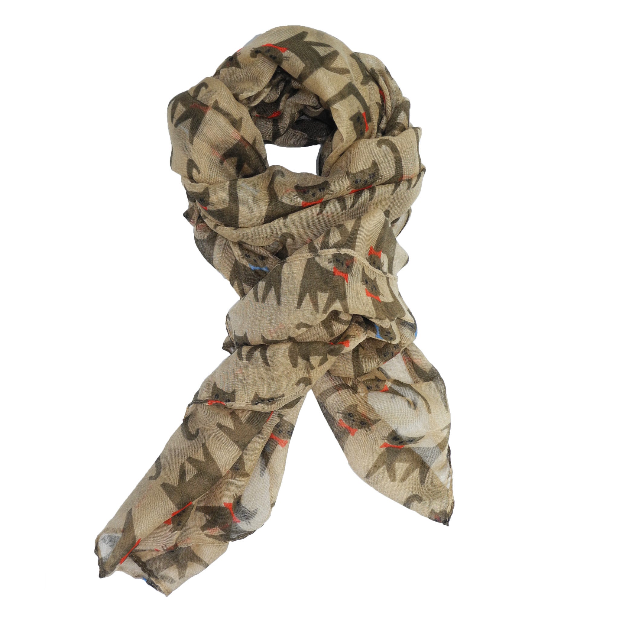 SAB01 - Cat Pattern Oblong Scarf - Khaki